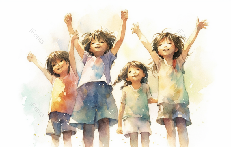 阳光下四个快乐的小女孩背景,插画/手绘图,插画/手绘图库,插画/手绘图下载,插画/手绘